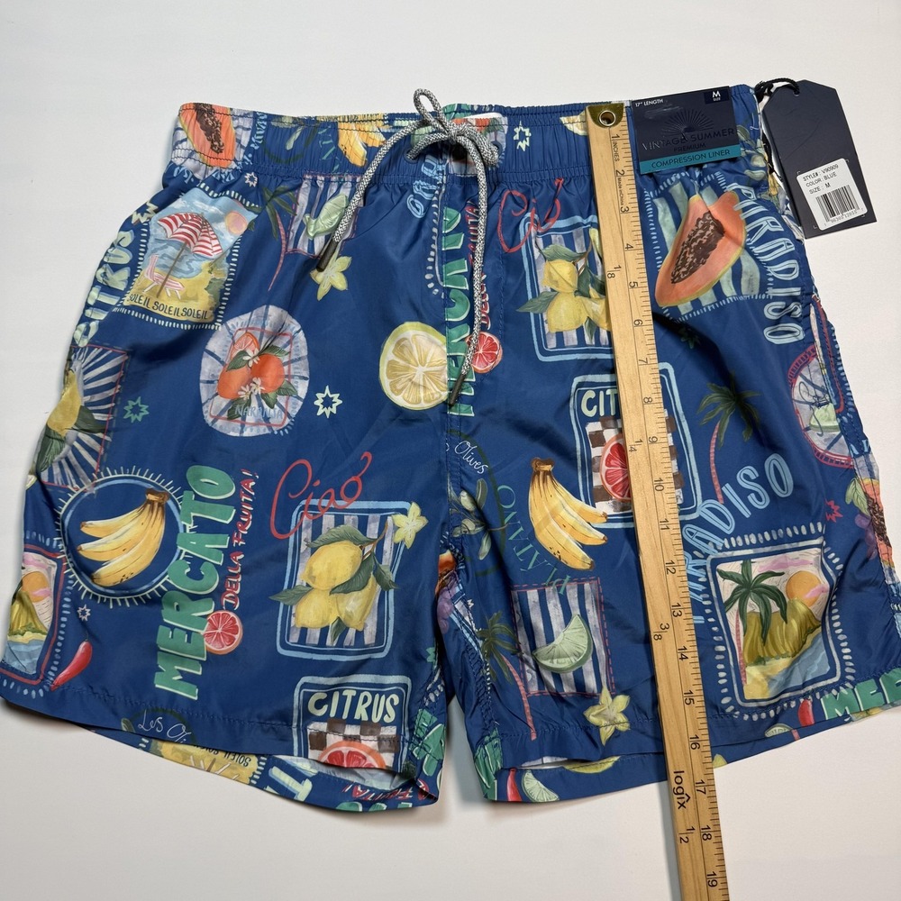 Vintage Summer Swim Trunks Mens M Blue Citrus Fruit Print Compression Liner - Picture 6 of 11
